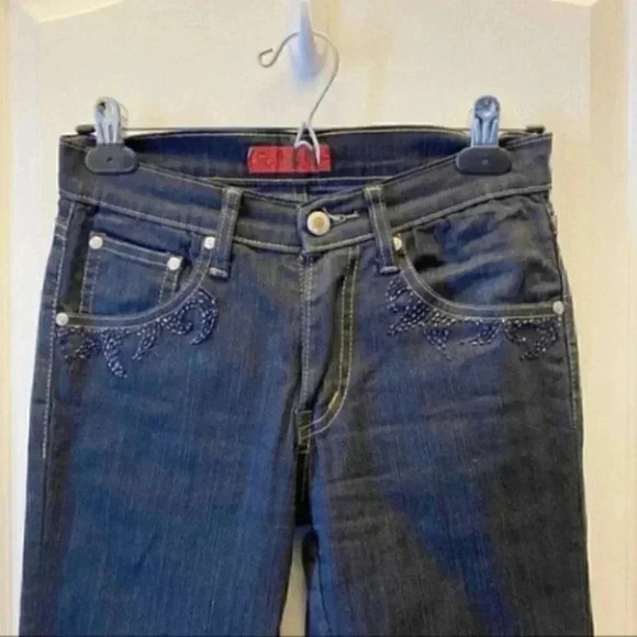 Raffinalla Straight Leg Jeans Beaded Lace Embroidered Dark Blue Denim Size 2/26 - Picture 6 of 17
